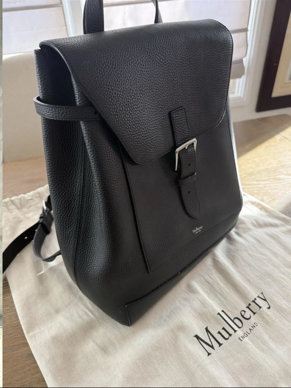 Mulberry Black Pebbled Leather Backpack with Buckle Flap